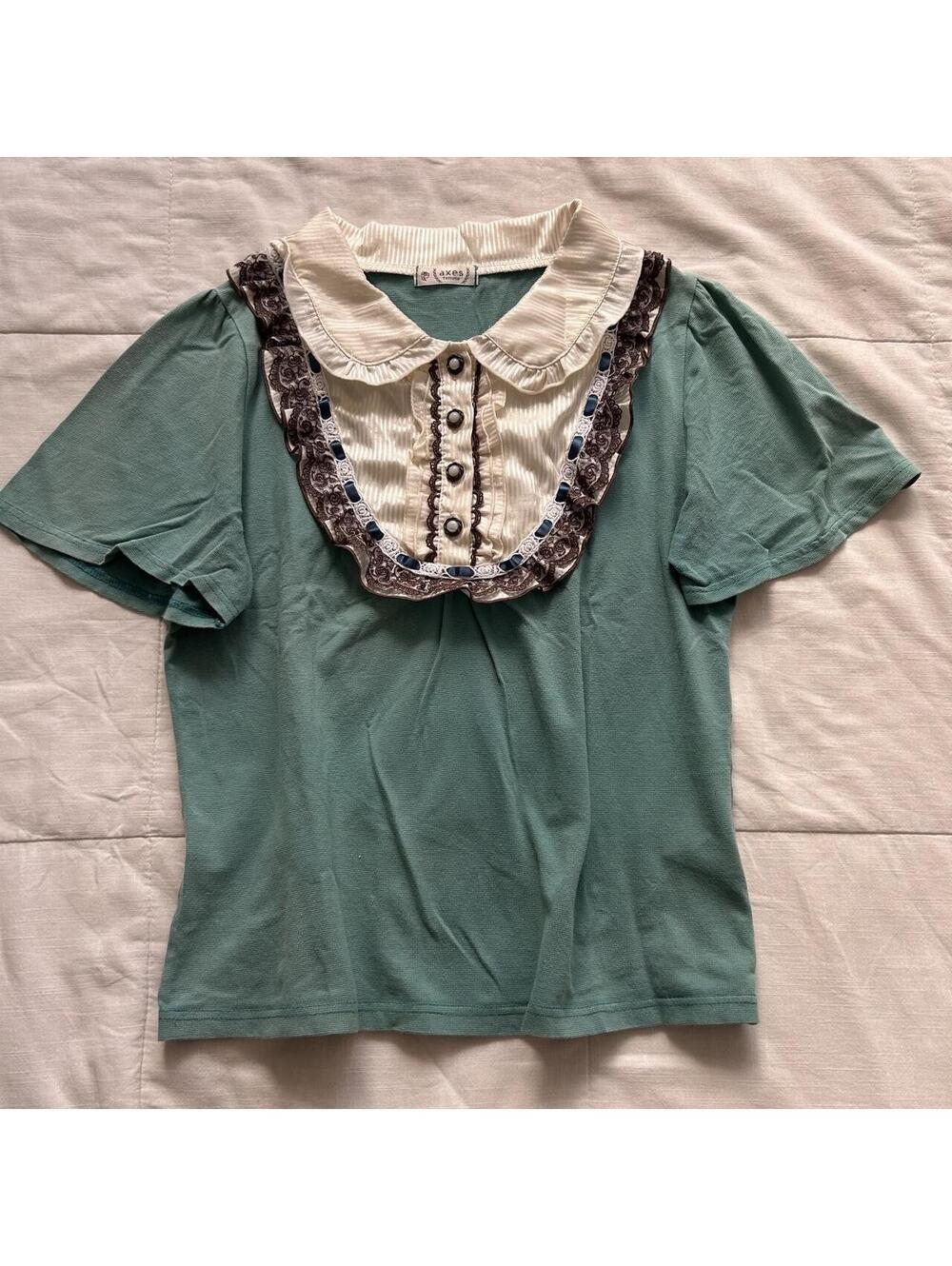 Axes Femme Teal Green Lace Bib Peter Pan Collar Top Medium Japan